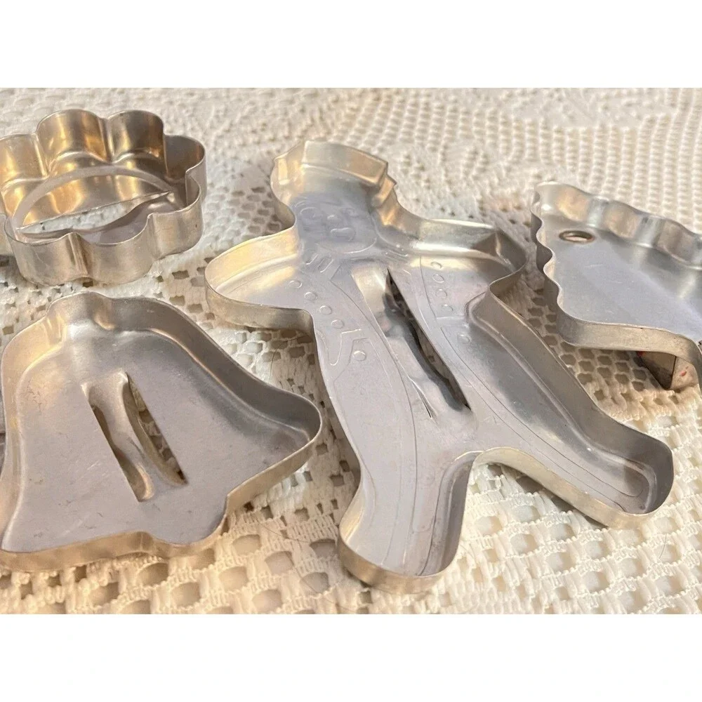Vintage Aluminum Cookie Cutter Set 4 Gingerbread Tree Bell Flower Baking Mold